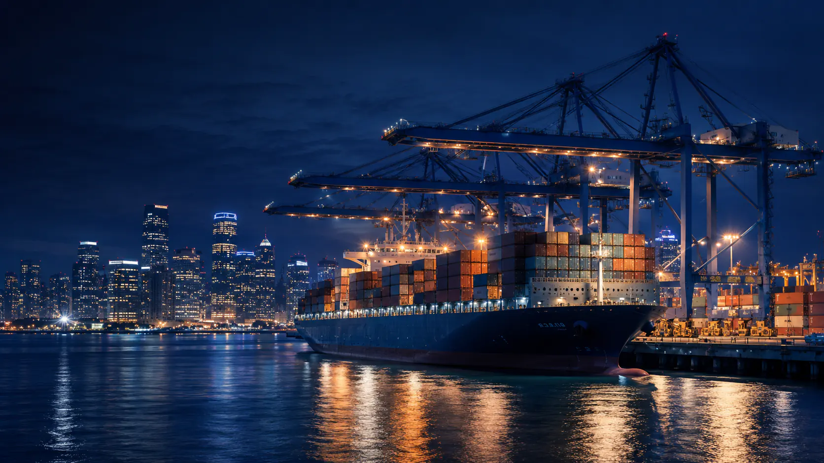 Container ship beneath port cranes against a lit city skyline at night