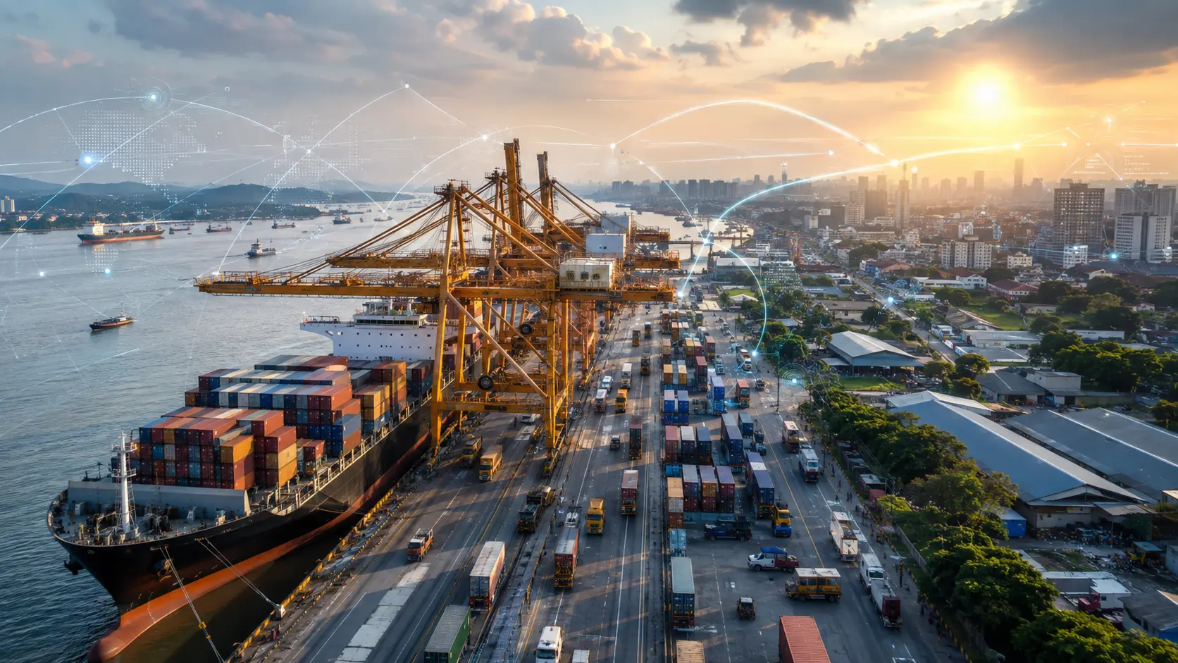 Aerial view of a busy container port with cargo ships, gantry cranes, trucks and digital network graphics linking the port to the surrounding city.